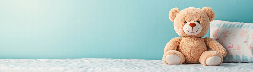 Obraz premium teddy bear sitting on child bed with soft blue wall background, creating cozy and inviting atmosphere for kids