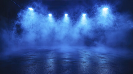 Mysterious dark street with blue fog and illuminated lights creating eerie atmosphere