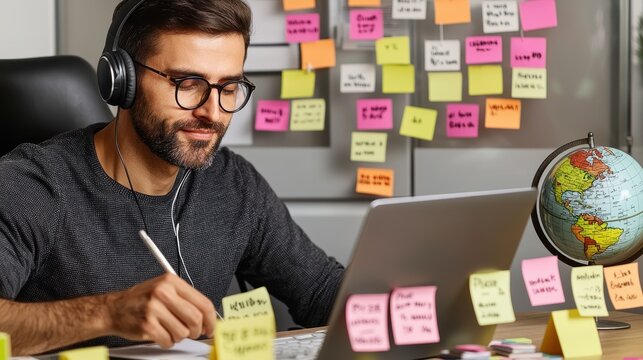 A man learning a new language online, headphones on, repeating phrases softly while taking notes. Post-it notes with vocabulary words line the desk, and a globe in the corner hints at travel 