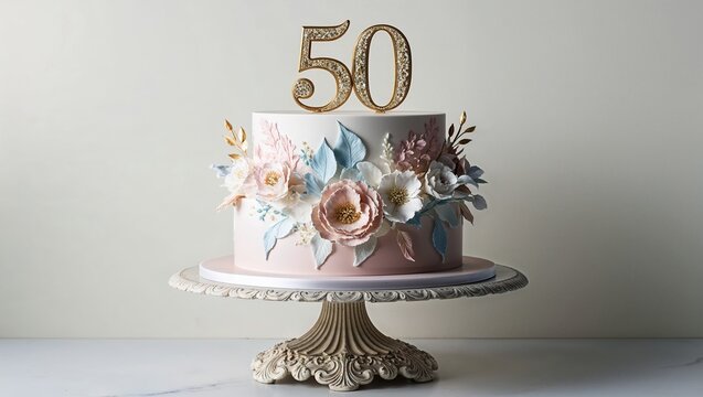 Customized Anniversary Cake with Intricate Floral Icing Designs and a Golden "50" Topper