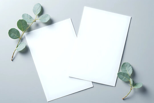 Two wedding stationery invitation cards mockup 5x7 on neutral grey background with eucalyptus leaves
