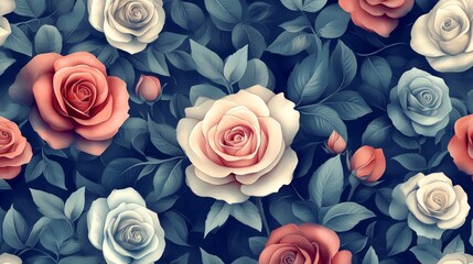 A Seamless Pattern Of Delicate Roses And Lush Green Leaves