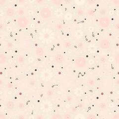 Floral Music Pattern: Delicate pastel pink and cream flowers dance with musical notes in a whimsical, seamless pattern, perfect for spring or summer designs.  