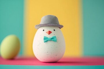 A delightful egg figure adorned with a bow tie and hat, set against a bold, contrasting background.
