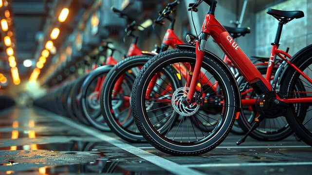 Electric bikes parked in a bright urban docking station at night ready for riders