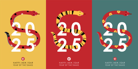 Happy Chinese new year 2025 greeting card with cute snakes.  Animal zodiac cartoon character. Translate: Snake. -Vector