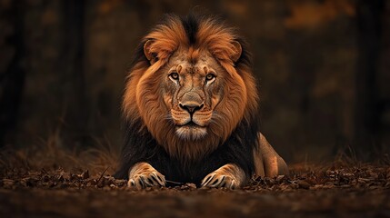 Obraz premium A majestic lion, king of the jungle, stares intently from its enclosure in the zoo, its tawny mane framing a powerful face