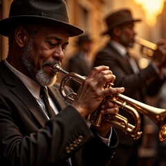 Obraz premium Close-up of New Orleans jazz band member playing trumpet with blurred fellow musicians in the background