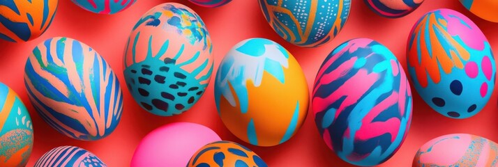 Obraz premium An assortment of intricately designed eggs filled with stunning colors and patterns in a festive arrangement.
