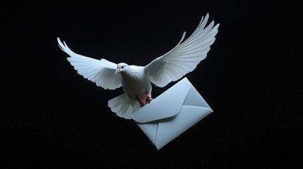 White dove with outstretched wings carrying envelope containing letter isolated on black background