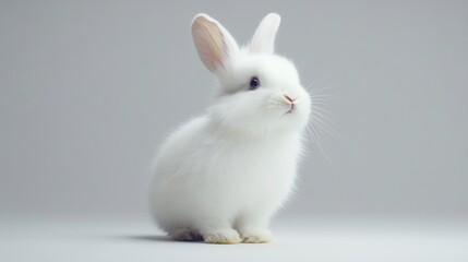 White fluffy bunny sitting on grey background