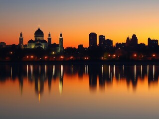 Fototapeta premium Scenic reflections of mosques and cityscapes at twilight and night AI generated