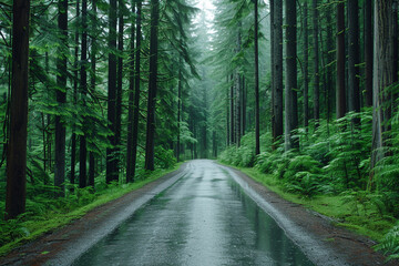 Fototapeta premium Rain-Soaked Forest with Wet Leaves: A Glistening Path