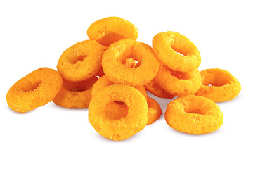 O ring snack with cheese flavor isolated on white background. ring shaped snack with cheese flavor. png file, transparent background