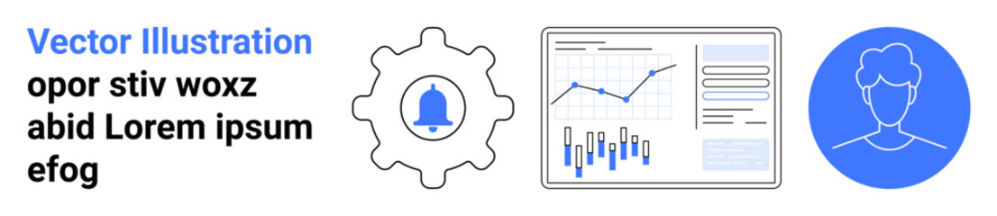 Gear with bell, analytics dashboard with charts and graphs, and user profile icon. Ideal for business, analytics, data visualization, notifications, user interface, technology, and efficiency