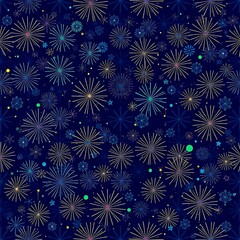 Night Sky Fireworks Pattern: A seamless pattern featuring stylized fireworks in shades of blue, grey and yellow, creating a festive and celebratory backdrop.  