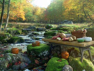 Rustic forest scenes with fresh vegetables, streams, and serene natural settings AI generated