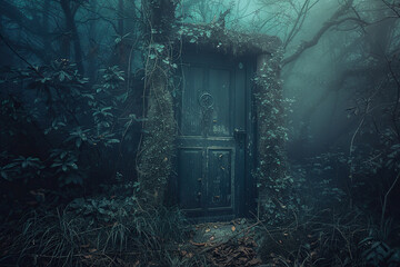 Fantastically door in wild forest leading to deep unknown