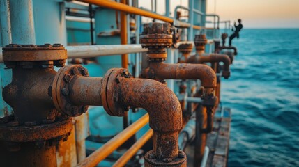 Rusty Pipes on Industrial Platform Overlooking the Ocean at Sunset with a Silhouette of a Person Fishing, Evoking a Sense of Tranquility and Nostalgia in a Marine Environment