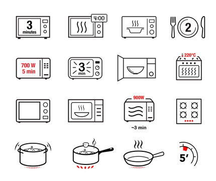 Microwave oven and cooking icons set. Vector illustration white background ready for your design. Perfect for cooking and preparation instructions. EPS10.