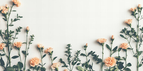 Elegant peach carnation flowers with eucalyptus leaves on soft marble background for weddings, spring decor, romantic arrangements, and floral-themed designs

