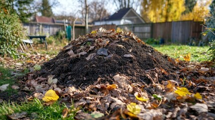 Obraz premium Pile of Leaves and Soil in Autumn Garden During Bright Daylight