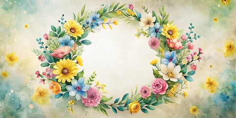 A vibrant watercolor floral wreath featuring a variety of blossoms and greenery, perfect for springtime designs and celebrations