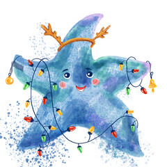 Starfish watercolor colorful illustration isolated on white background, sea animal with garland, deer antlers, funny Christmas character for design holiday cards, greeting invitation, winter sticker
