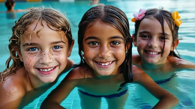 Three girls enjoy a sunny day swimming together in a refreshing pool with clear blue water
