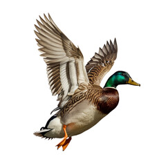 Obraz premium Mallard Duck in Flight: A majestic mallard duck soars through the air, its wings spread wide, showcasing the beauty and grace of nature.
