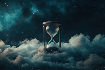 Time travel concept. Hourglass in surreal setting.
