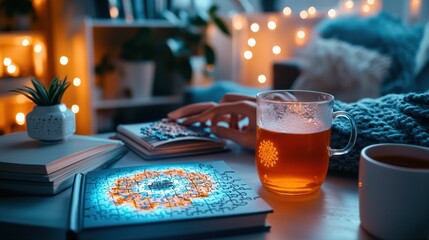 A quiet study lounge with someone working on a puzzle, piecing together an intricate image. Surrounding them are reference books, a cup of tea, and soft lighting, symbolizing patience, cognitive 