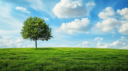 Fototapeta premium Serene Landscape Scene with Lush Green Grass and Lone Tree Under Bright Blue Sky with Fluffy White Clouds
