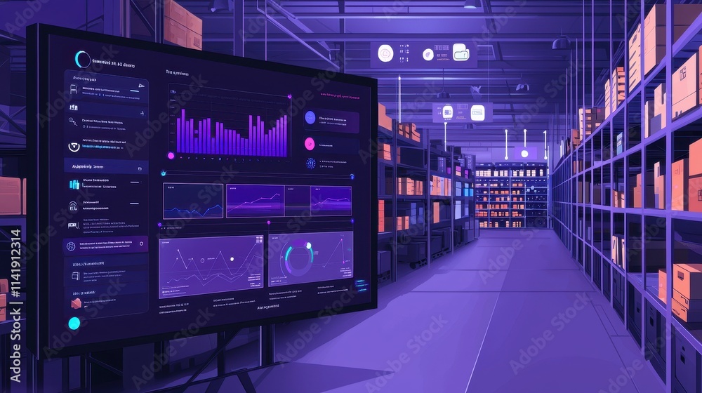 Poster digital dashboard displaying ai powered inventory management in a warehouse setting