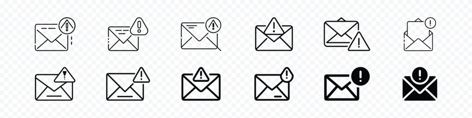 Email warning icon sign, Email with warning sign, Mail icon. Envelope sign.   Email icon. Letter icon. Spam icon.