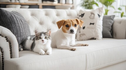 Happy pets including cats and dogs with two cats and a Jack Russell puppy on a white sofa
