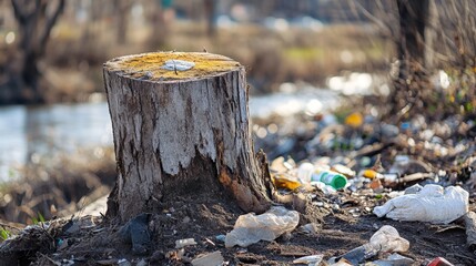 Obraz premium Abandoned Tree Stump Surrounded by Litter and Pollution in Nature