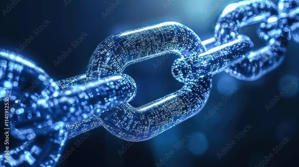 Poster digital representation of blockchain technology in a futuristic setting with blue lights and data pa