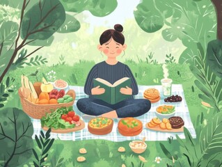 A person sitting on a blanket, surrounded by nature, enjoying a variety of vegan snacks and reading a book