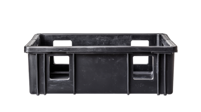Logistics efficiency in indoor photography of black plastic storage crates