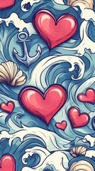 A playful illustration featuring hearts amidst ocean waves, blending love and nature in a whimsical nautical design.