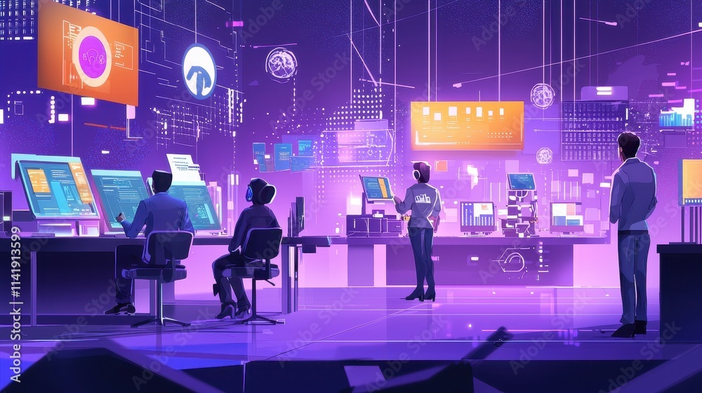 Poster team conducts ai-based workforce training in high-tech digital environment with screens and data vis