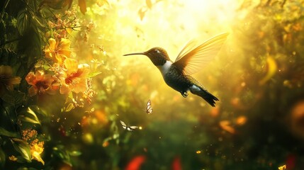 Naklejka premium A hummingbird in flight, surrounded by vibrant flowers and butterflies, bathed in warm sunlight. A magical and enchanting garden scene.