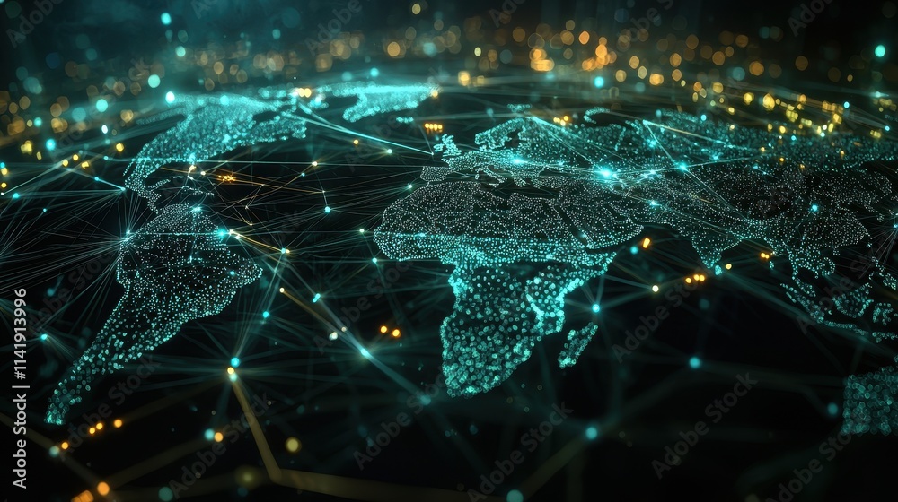 Poster digital visualization of global blockchain network technology and its impact on connectivity and dev