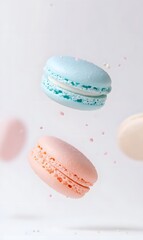Obraz premium Macarons of various colors are rolling in the air, Generative AI