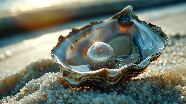 Discovering natural beauty of a pearl in an oyster on a serene beach