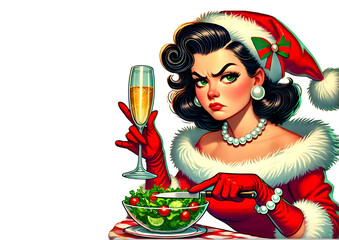 Retro grumpy housewife in festive Christmas dress drinking champagne and cooking