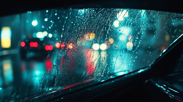Raindrops on Car Window at Night with Blurred City Lights Background