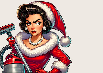 Grumpy housewife in glamour Christmas red dress with vacuum cleaner, funny retro Christmas card template