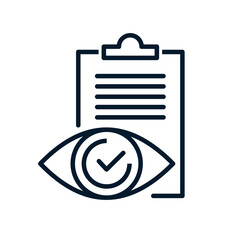 Quality control checklist concept, eye and ok sign. Vector linear icon isolated on white background.